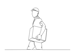 Wall Mural - Continuous one line drawing of delivery courier man carries cardboard box package. Transport company, Moving service, Service delivery line art vector illustration. Editable vector.