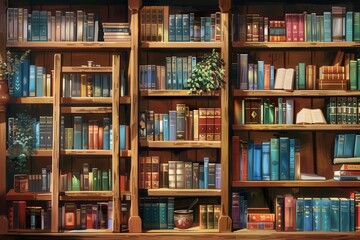 Poster - Wooden shelves showcase a rich collection of textbooks and academic literature, inviting exploration and deep learning opportunities. Generative AI