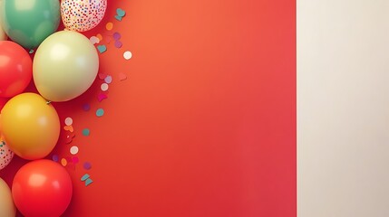 A cluster of colorful balloons and confetti on a bright red background with space for text on the right.