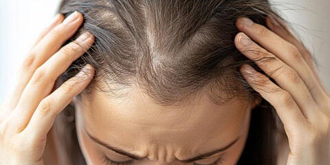 Wall Mural - Close up of a woman with her head in her hands. She is showing signs of female pattern hair loss, generative AI