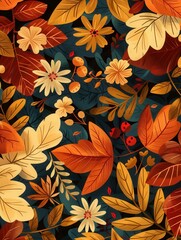 Poster - Colorful autumn leaves and flowers in varying warm shades create a beautiful display, reflecting the essence of the fall season. Generative AI