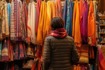 Shopper browsing through an array of colorful handmade scarves in an artisanal textile shop. 