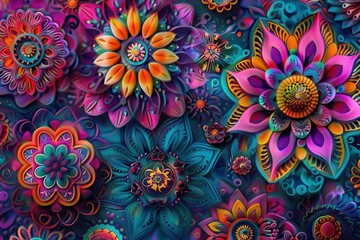 Poster - brightly colored floral mandalas showcase intricate designs, filling the space with vibrant patterns