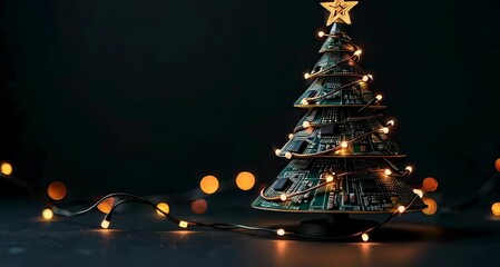 IT Christmas tree made of microcircuits, boards and wires over black background. Technology banner with copy space. Greeting card for sysadmin or engineer for Xmas and New Year holidays celebration.