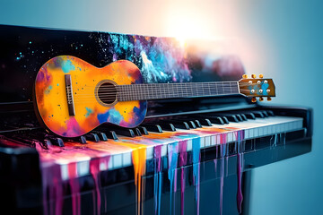 Canvas Print - a guitar and a piano with a splash of paint on it. generative ai