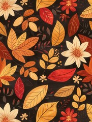 Poster - A colorful arrangement of autumn leaves and flowers showcases warm tones, evoking the essence of the fall season and its natural beauty. Generative AI