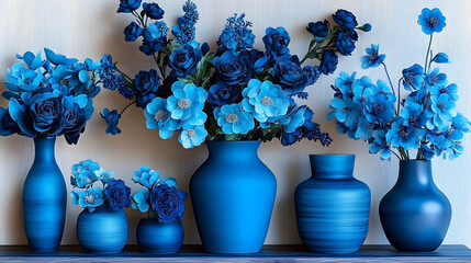 Canvas Print - A blue vase brimming with blue blossoms stands beside other vases adorned with blue blooms, framing the floral display