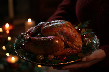 Woman hands hold plate with cooked thanksgiving turkey or chicken for christmas dinner evening with on wooden rustic plate garnished with cherry berries and fruits on dark background