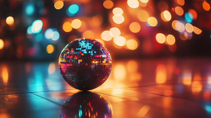 Wall Mural - disco ball on a wooden floor with colorful bokeh lights, night party and celebration concept, festiv