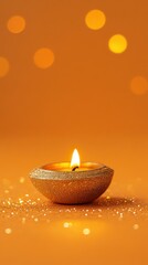 Single brass diya glowing brightly with golden glitter spread around it, on a bright orange surface, copy space, happy Diwali background, traditional, Indian festival