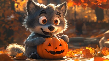 Wolf with Jack-o'-Lantern