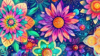 Poster - Colorful floral mandalas create a stunning tapestry of vibrant hues and intricate patterns, celebrating the beauty of nature's design. Generative AI
