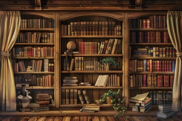 Poster - The warm wooden shelves are packed with textbooks and academic literature, creating an inviting atmosphere for reading and study. Generative AI
