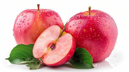 Two Red Apples with Water Droplets and Green Leaves