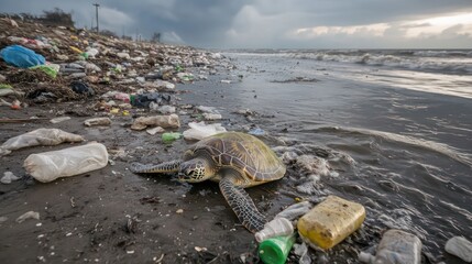 Environmental Pollution Crisis: Sea Turtle Amidst Ocean Trash on a Polluted Beach - Impact of Plastic Waste on Marine Life