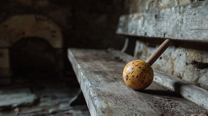 wooden toy on old bench in rustic interior