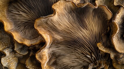 Macro Close-up of Portabella Mushroom Gills Unveiling Intricate Patterns and Texture in Natural Light