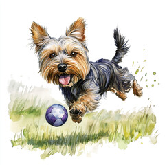 Wall Mural - Silky Terrier Dog Chasing Ball in Field Energetic Canine Running After Toy in Grass Playful Pet Enjoying Outdoor Activity