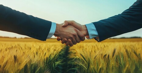 A handshake between two business people, with one wearing formal attire and the other in casual , set against an open field of green wheat fields under a blue sky. 