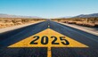 © kkkiim graphic - Highway road stretching towards the horizon with the numbers '2025' written on the asphalt and a yellow arrow pointing forward.