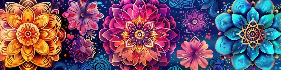 Canvas Print - Intricate floral mandalas display a burst of vibrant colors, blending beautifully to create a stunning visual experience. Generative AI