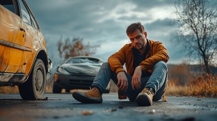 A man sits on the road next to two wrecked cars.