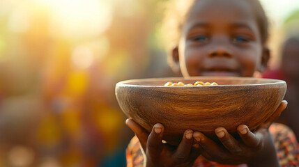 Wall Mural - African child's hand holding an empty wooden bowl symbolizes hunger and the need for nourishment, highlighting the importance of food security and compassion in communities