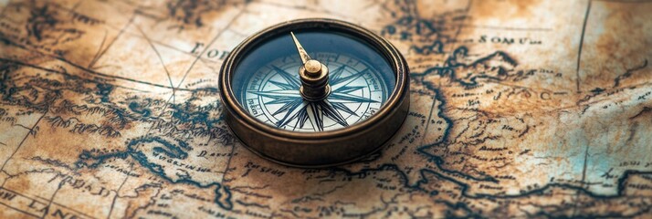 a weathered compass lying on an ancient map, its needle pointing true north