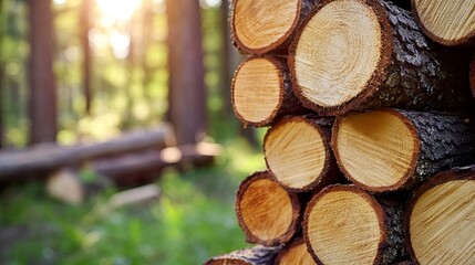 Stacked logs in a sunlit forest setting.