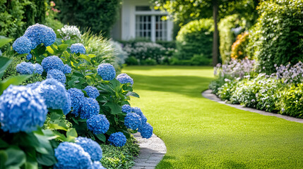 Summer private garden with blooming Hydrangea Annabelle, curvy lawn edge, and beautiful pathway. Landscape design in English cottage style.