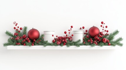 2408_041.Cozy Christmas mantel decorated with vintage cookie tins, evergreen swags, red ornaments, white background, 3D Rendering, isometric