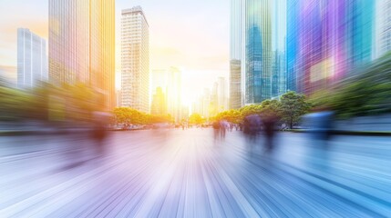 Dynamic cityscape in motion, abstract blur of urban life with towering buildings and vibrant energy