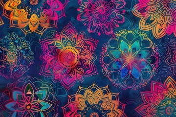 Wall Mural - Colorful floral mandalas adorn the surface with intricate designs, displaying a harmonious blend of nature's beauty and artistic expression. Generative AI