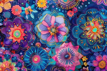 Canvas Print - This artwork showcases intricate floral mandalas in vibrant colors, offering a beautiful blend of patterns and artistic flair. Generative AI