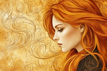 Enchanting digital portrait of red-haired fantasy woman with golden swirls