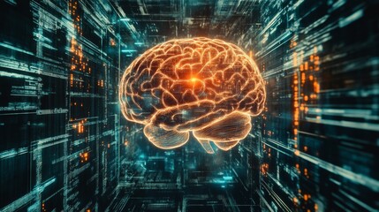 Poster - Futuristic Brain Model in Cyberspace - Sci-Fi Digital Wallpaper