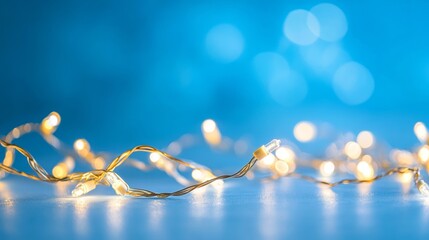 Poster - Minimalist Christmas Garland with Soft Bokeh Lights on Blue Background