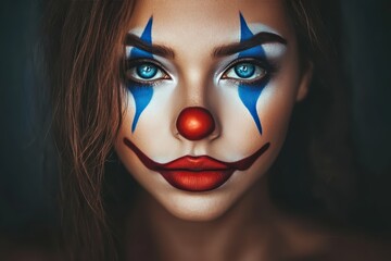 Striking portrait of young adult white female with vibrant clown makeup