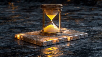 Golden Hourglass on Marble Platform with Glowing Light