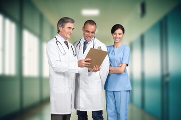 Poster - Talking nurses team in hospital background