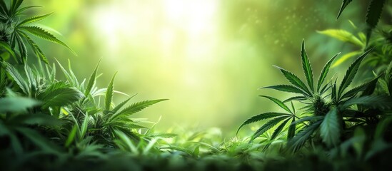 Wall Mural - Close-up of green cannabis leaves with a soft sunlit background.