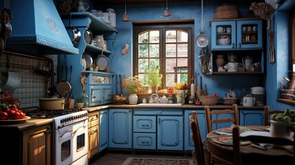 Wall Mural - wooden blue kitchen