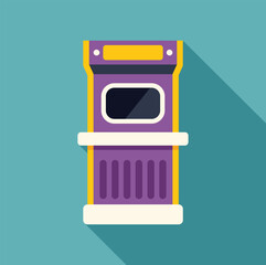 Poster - purple retro arcade game with yellow trim showing blank screen casting long shadow over turquoise ba