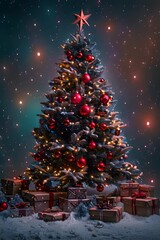 festive christmas tree adorned with lights and ornaments surrounded by beautifully wrapped gifts