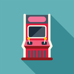 Poster - retro arcade game cabinet is standing with a long shadow on a blue background