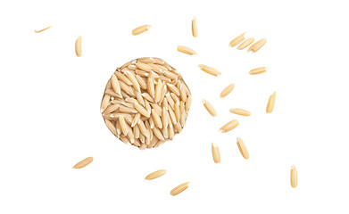 Poster - Fresh long brown rice, uncooked and hulled, isolated on white, top view