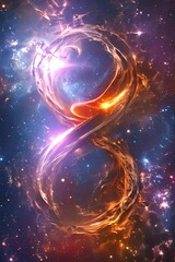 Poster - exploration of cosmic themes with glowing infinity symbol against a backdrop of stars and galaxies