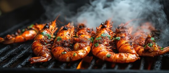 Poster - Close up of grilled shrimp on a black barbecue grill with smoke rising from the shrimp.