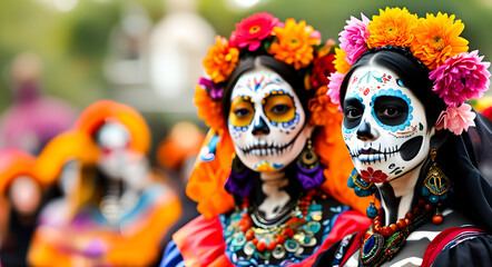 Women celebrating the Day of the Dead in Mexico, in festive costumes and with traditionally painted faces in the form of a skull.