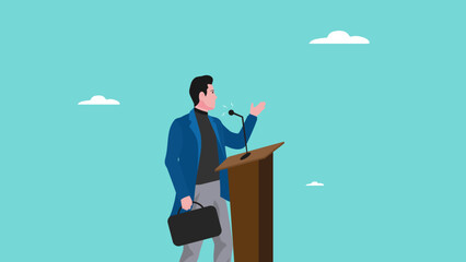 public speaking skills, executive management skill to communicate with employee, , illustration of a person expressing an opinion, businessman makes a speech giving direction to employees